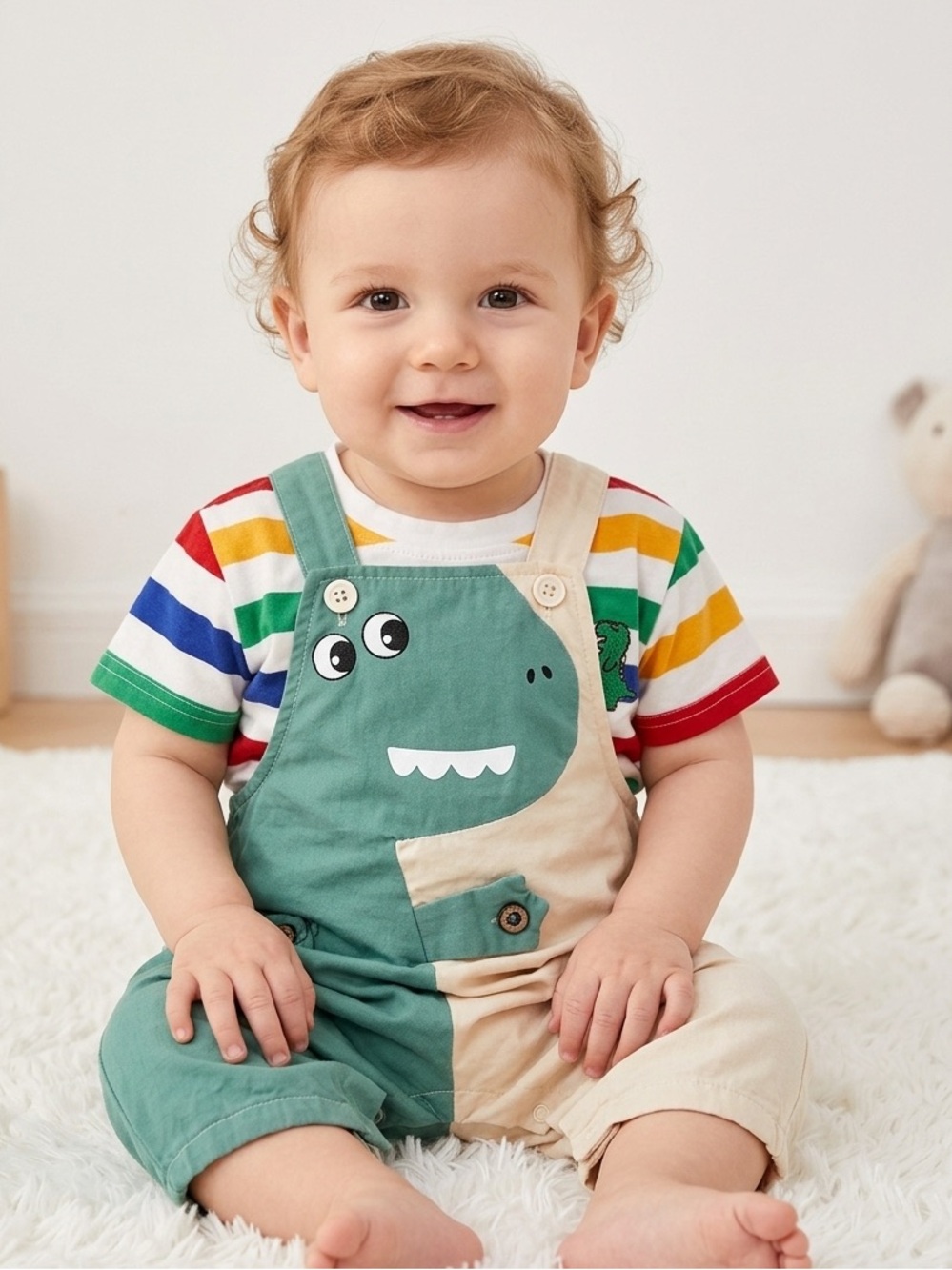 Adorable Dinosaur Outfit Set – Striped Tee & Dino Romper